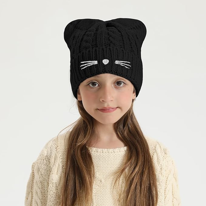 Kids Girls Cat Ear Hat Winter Warm Knit Beanie Cute Ski Skull Cap for Ages 7-12