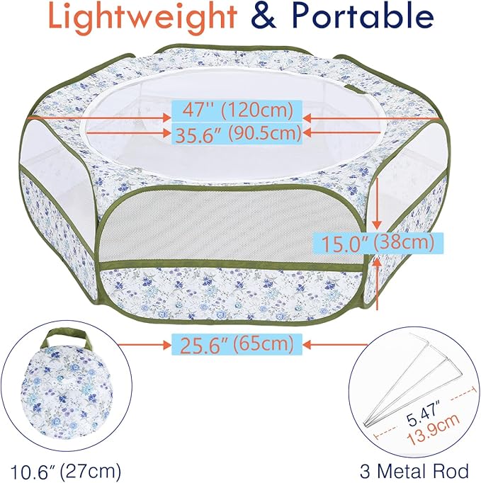 Pawaboo Small Animals Playpen, Waterproof Small Pet Cage Tent with Zippered Cover, Portable Outdoor Yard Fence with 3 Metal Rod for Chick/Kitten/Puppy/Guinea Pig/Rabbits/Hamster, Blue + White Flower