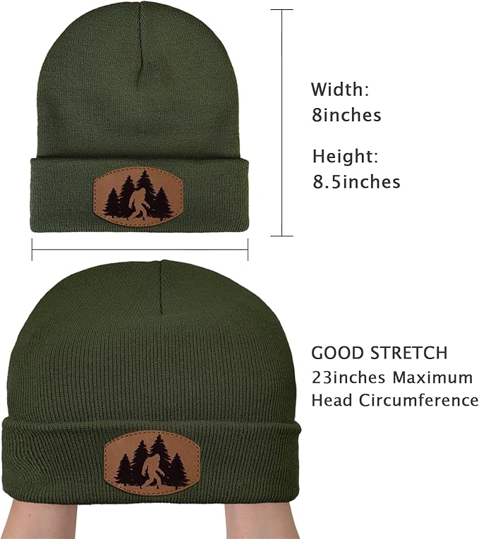 Big Foot Beanie Hat, Sasquatch Leather Patch Winter Knit Skull Cap Bigfoot Gifts for Adult Men Women