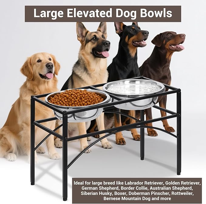 Funkeen Elevated Dog Bowls Raised Pet Feeder Cat Food & Water Diner Stand Set w/ 2 Removable Stainless Steel Bowls (2 Quarts/13.77" in Height)