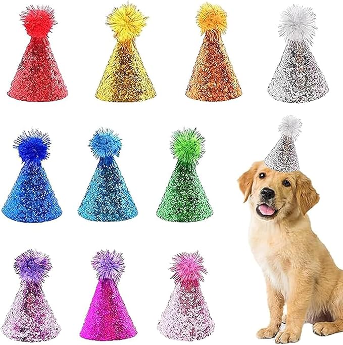 Dog Birthday Hat Set for Small Medium Dogs Cat Puppies, Mini Party Hat with Adjustable Headbands, Cute Pet Hat with Pompons for Birthday Christmas Party Decoration Accessories (Large 4 inch 10pcs)