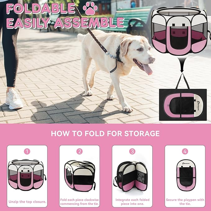 Dog Cat Playpen Indoor Outdoor for Puppy Pet Dogs Cat Travel and Recovery After Surgery, Dogs Enclosure Tent Crates Cage Indoor/Outdoor, Portable Pop Up Dog Kennel with Carrying Case(Pink, Medium)