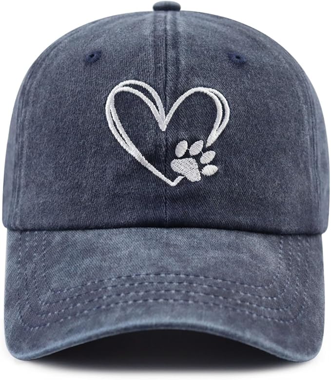 Dog Paw Print with Love Heart Hat for Women Men, Funny Adjustable Cotton Embroidered Dog Lovers Gifts Baseball Cap