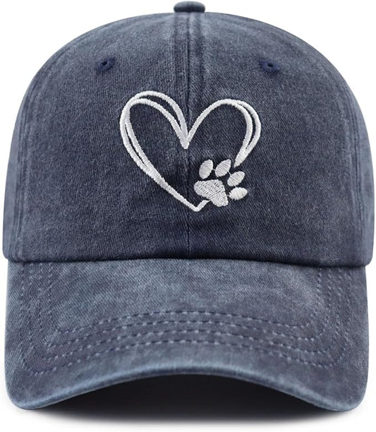 Dog Paw Print with Love Heart Hat for Women Men, Funny Adjustable Cotton Embroidered Dog Lovers Gifts Baseball Cap
