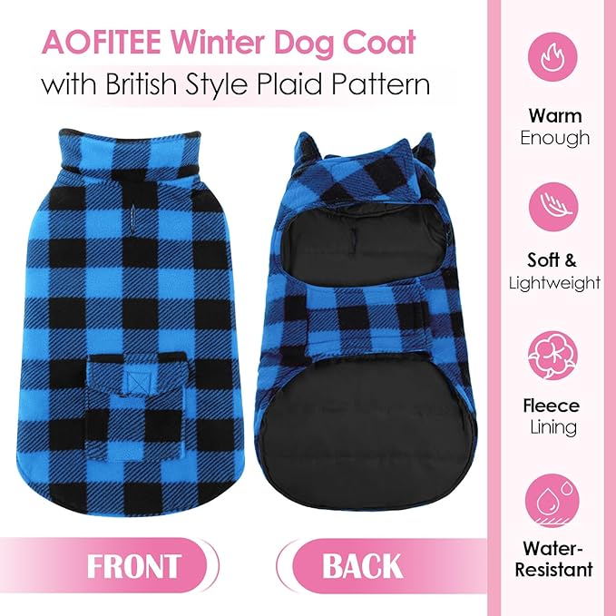 AOFITEE Dog Coat Plaid Dog Winter Coat for Small Dogs, Warm Dogs Jacket Christmas Sweater, Waterproof Pet Puffer Jacket, Reversible Pet Cold Weather Coats for Small Medium Large Pets, Blue L