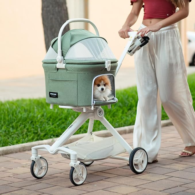 TT Lightweight Pet Stroller for Small Dogs & Cats - 4-Way Installation Carrier, One-Hand Fold, 180° Canopy Cover & Adjustable Handle (Green)
