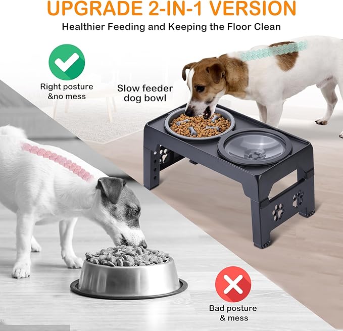 Elevated Dog Bowls, Raised Dog Bowl with 2 Stainless Steel Dog Food Bowls, Dog Bowls Stand Adjusts to 5 Heights 2.95", 8.46", 9.65", 10.82", 12.01" for Small Medium Large Dogs Cats Pets,Black