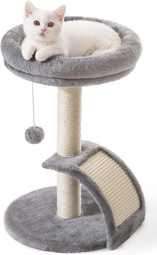 Small Cat Tree Tower with Scratching Post, Modern Kitten Tower for Indoor Cats, Short Carpet Sisal Cat Scratcher Stand with Large Bed Perch, Scratch Ramp, Toy Ball for Kitty Play (Grey)