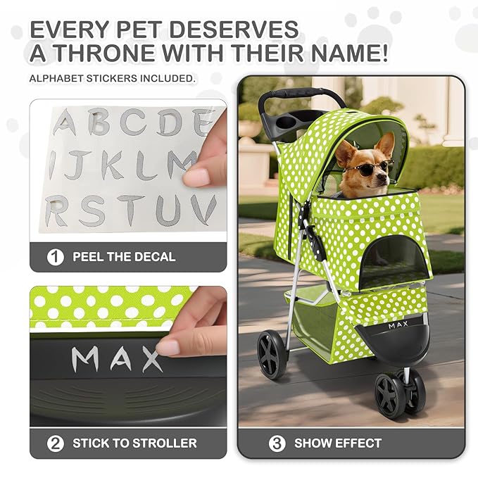 MoNiBloom 3 Wheels Pet Dog Cat Stroller for Small Medium Dogs Cats, Foldable Jogger Stroller w/Storage Basket and Cup Holder, Lawn Green Polka Dots