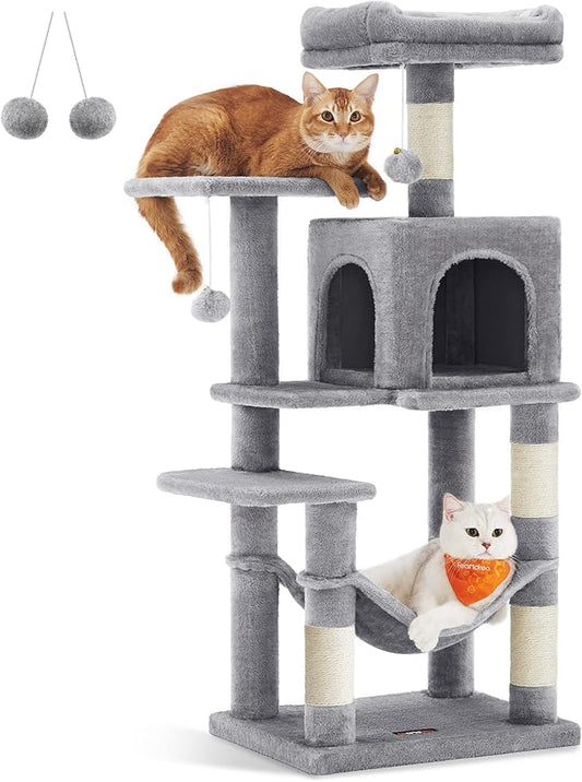Feandrea Cat Tree, 44.1-Inch Cat Tower for Indoor Cats, Multi-Level Cat Condo with 4 Scratching Posts, 2 Perches, Hammock, Cave, Light Gray UPCT261W01