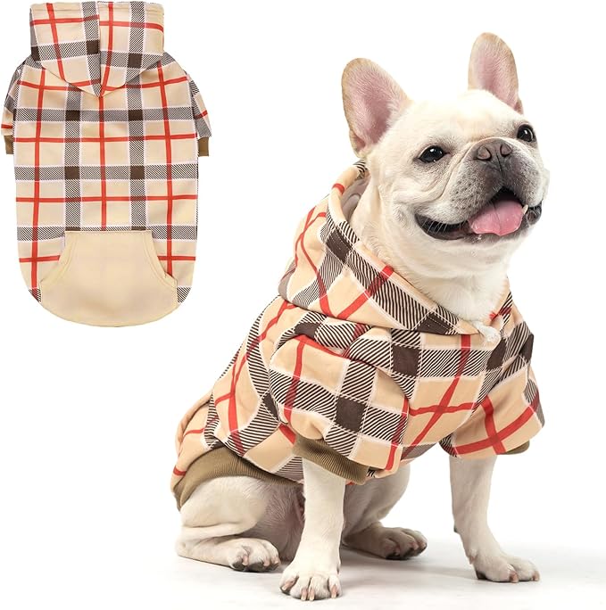 KOOLTAIL Plaid Dog Hoodie for Small Medium Large Dogs - Pet Clothes Sweater with Hat and Pocket for Cold Weather Winter, Warm Soft Dog Hooded Sweatshirt Coat Outfit for Puppy Cats Girls Boys Beige M