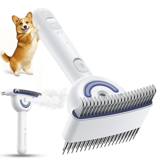 Dog Brush for Shedding, Dual-Sided Dematting and Deshedding Dog Brush with 2 Spray Levels Steam Brush, Detangling Rake for Long-Hair Dogs and Cats, for Medium-Thick Coats Prone to Tangles & Shedding