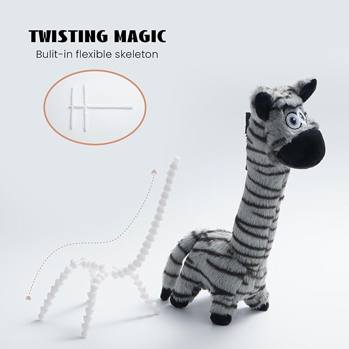 Nocciola Twistable Zebra Pup Dog Toy, Interactive Stuffed Plush Crinkle Puppy Supplies for Small Medium Breeds to Keep Them Busy