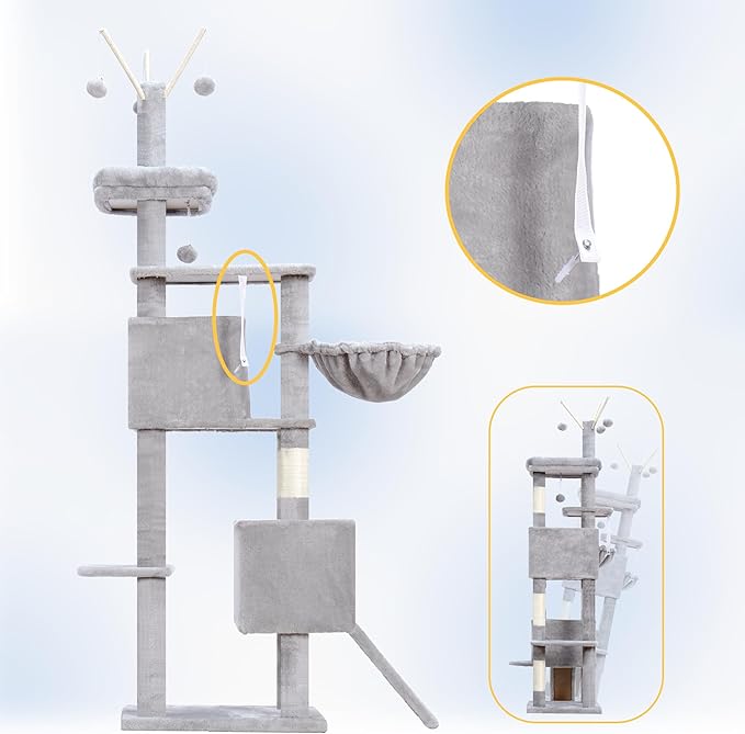 Hey-brother Cat Tree Tower, Sturdy Scratching Posts with Platform, Large Condos, Hammock, Removable Toys, Scratch Board, Multi-Level Furniture for Indoor Cats, 59.0 or 72.8 Inches, Light Gray MPJ055W