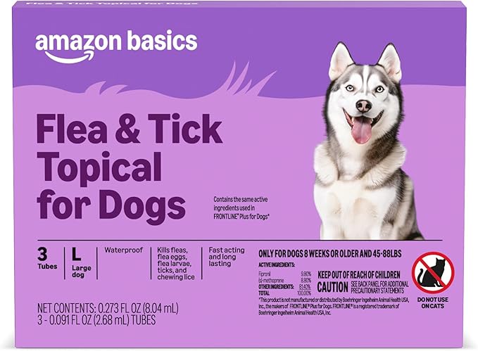 Amazon Basics Flea and Tick Topical Treatment for Large Dogs (45-88 pounds), Unscented, 3 Count, Packaging May Vary