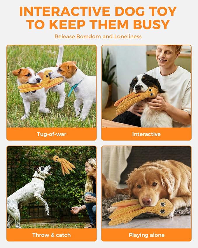 Crinkle Squeaky Dog Toys for Large Dogs, Durable Plush Chew Toys for Aggressive Chewers, Interactive Tug of War Toy, Teething Gift to Keep Them Busy and Relieve Boredom (Yellow Octopus)