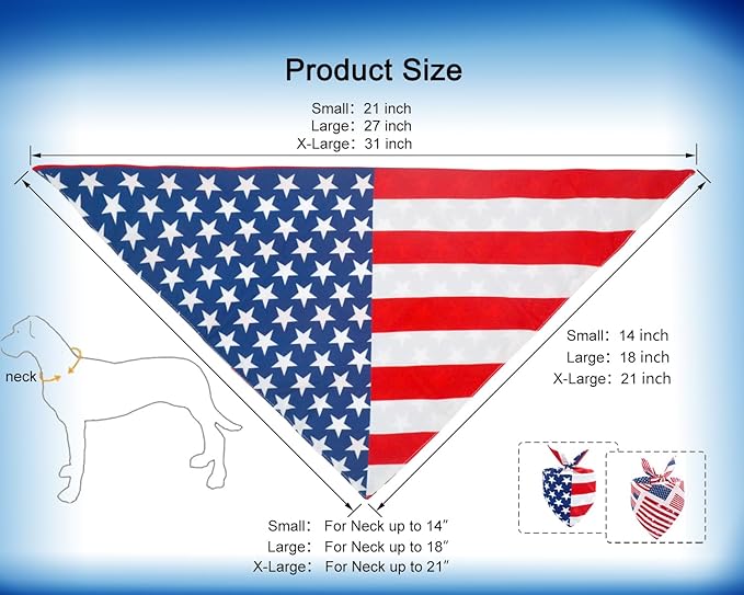 American Flag Dog Bandanas 2PCS-XLarge,4th of July Pet Scarf,Triangle Dual-Layer Design Patriotic Costume for Memorial Day & Independence Day,Red White & Blue Outfit for Boys and Girls Dogs