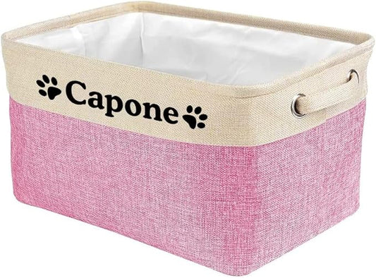 Custom Dog Toy Storage Basket with Dog's Name Sturdy Foldable Collapsible Cat Storage Bin with Handles for Organizing Pet Stuffs, Toys, Clothes,( Pink and White), 15" x 9.8" x 9"