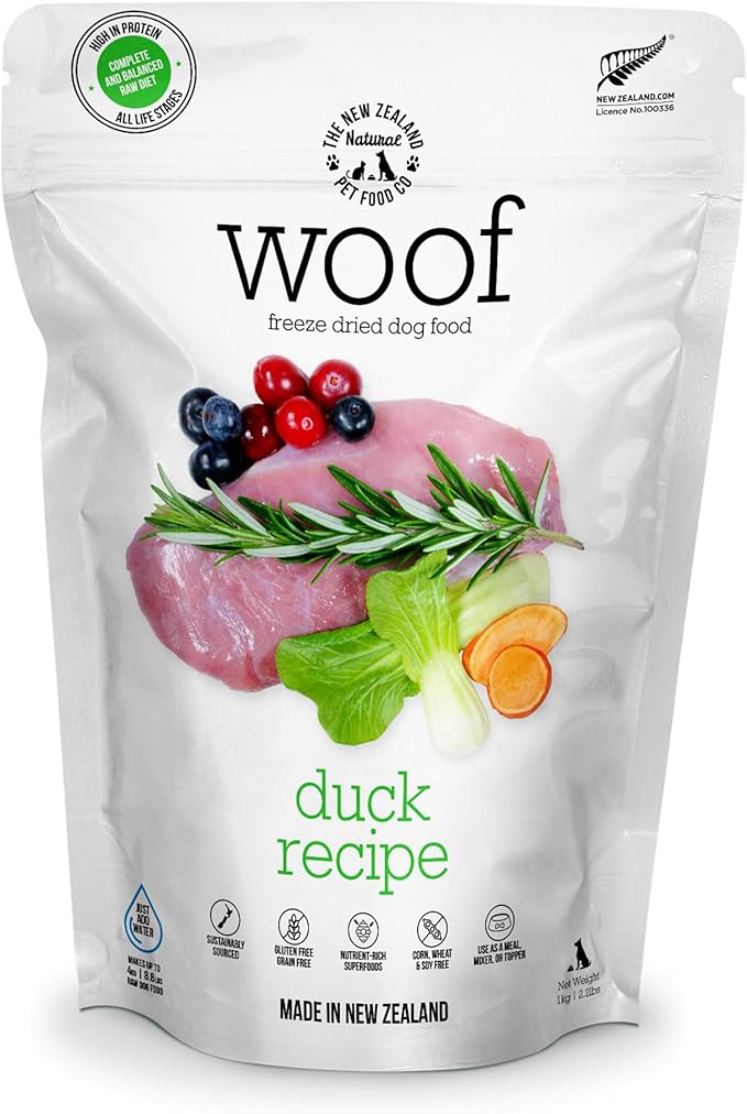 The New Zealand Natural Pet Food Co WOOF Freeze Dried Dog Food - Duck Recipe, High Protein Dog Food, Natural Dog Treats, Toppers & Meals, 2.2 lb