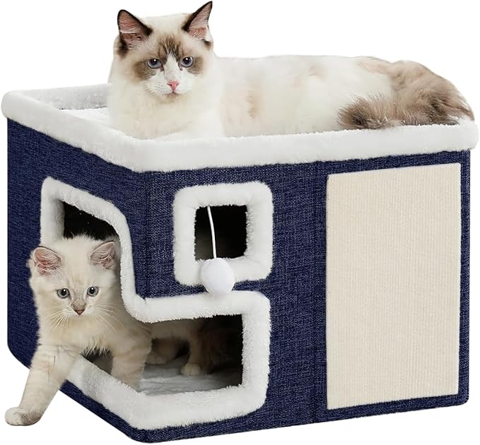 Cat Houses for Indoor Cats, Covered Cat Cave Bed with Scratch Pad and Fluffy Ball, Foldable Cat Hideaway Condo for Large Cats, Modern Kitten Bed,16.5x16.5x13 inches (Blue, Large)