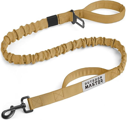 OutdoorMaster Bungee Dog Leash, Heavy Duty Dog Leash with Shock Absorption, 2 Padded Handles Training Leash,1 Seat Belt Clip, Improved Dog Safety and Comfort - Brown Upgraded, 4 FT