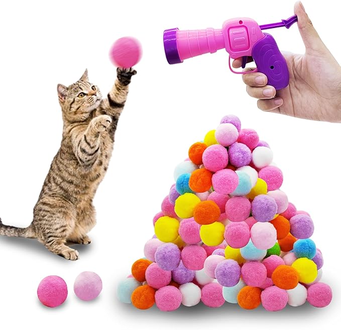 Andiker Cat Toy Balls Set, 30pcs Plush Cat Pom Pom Balls&a Plastic Launcher Set for Kitten Catch&Fetch Interactive Cat Toy with Colorful&Soft Cat Balls for Indoor Cats to Keep Fit (Pink 100balls)