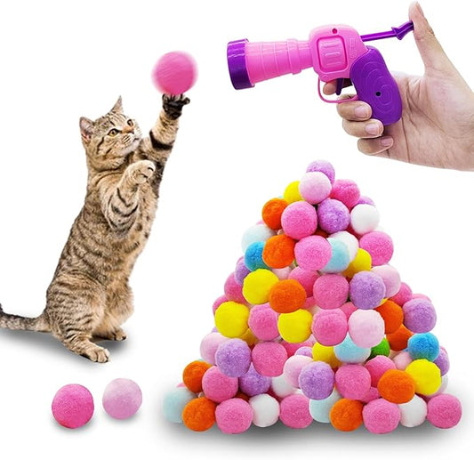 Andiker Cat Toy Balls Set, 30pcs Plush Cat Pom Pom Balls&a Plastic Launcher Set for Kitten Catch&Fetch Interactive Cat Toy with Colorful&Soft Cat Balls for Indoor Cats to Keep Fit (Pink 100balls)