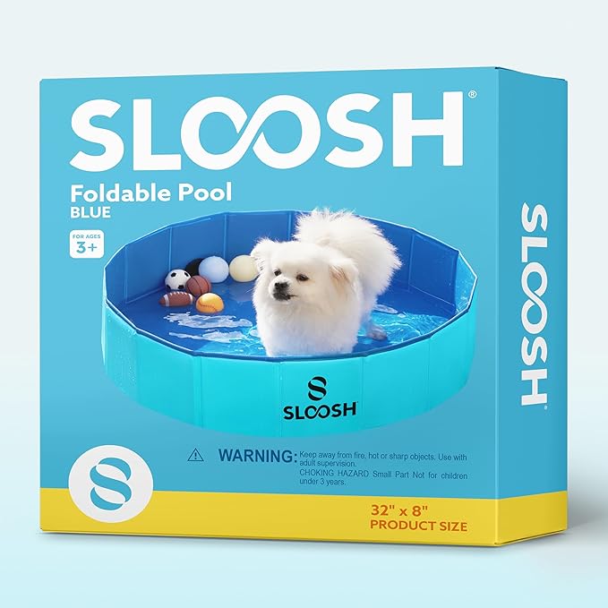 Sloosh Foldable Dog Kiddie Pool - Portable Hard Plastic Doggie Swimming Pool, Anti-Slip Collapsible Pets Bath Tub Suitable for Kids Toddler Indoor Outdoor Backyard Use (Blue, 32" x 8")