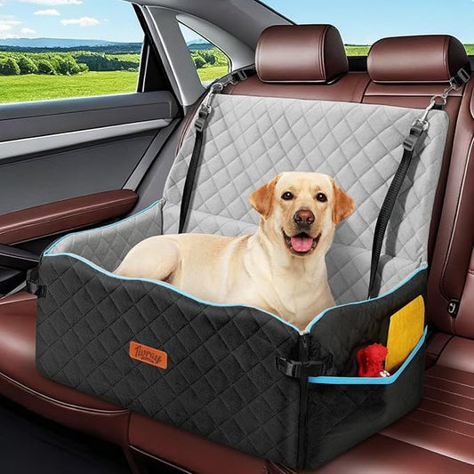 Large Dog Car Seat, Dog Car Bed for Large Dogs Under 60 lbs or 2 Small Breeds, Comfortable Pet Booster Seat with Memory Foam Thick Cushion, Detachable & Washable Pet Bed for Backseat, Black+Grey