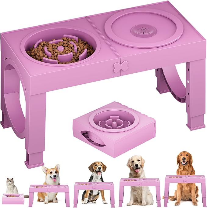 XIAZ Slow Feeder Dog Bowl Elevated Food and Water Bowl Stand for Large Medium Sized Dog, 4 Heights Adjustable, Non-Slip, Durable, Prevents Bloating & Improves Digestion for Dogs