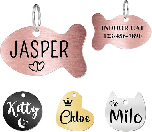 Ultra Joys Cat ID Tag Personalized Pet Tags, Durable Stainless Steel Small Pet Mini Dog Cat Tag Lightweight - Fish Tag in Rose Gold