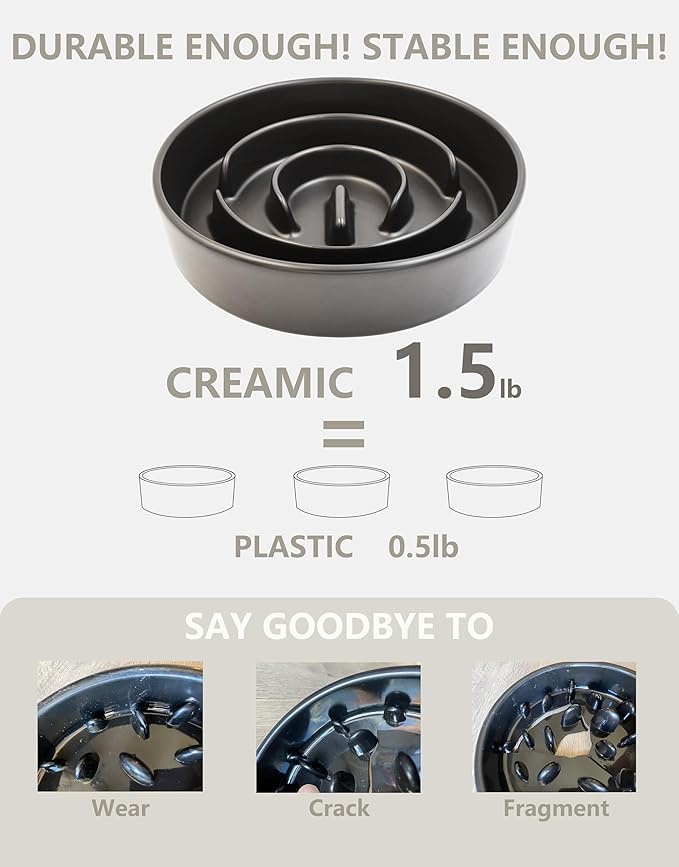 Ceramic Slow Feeder Dog Bowls Elevated, 0.6 Cup Slow Feeder for Small Dogs and Cats, Puzzle Maze Bowl, Prevents Choking, 6in, Black