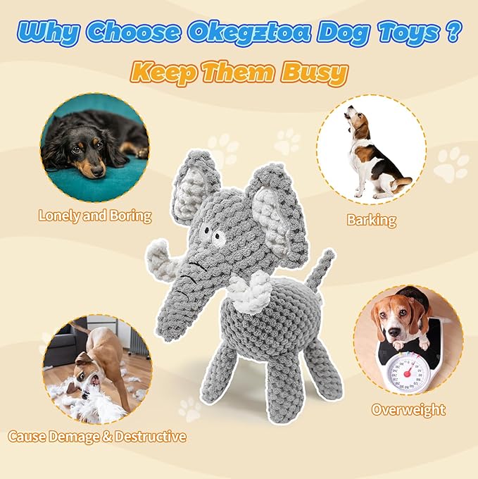4-Pack Squeaky Dog Toys Set Plush Dog Toy with Rope for Small Medium Dogs Bundle Dog Chew Toys; Giraffe, Elephant, Cow and Dinosaur Interactive Dog Toy Stuffed Animals Toys to Keep Them Busy