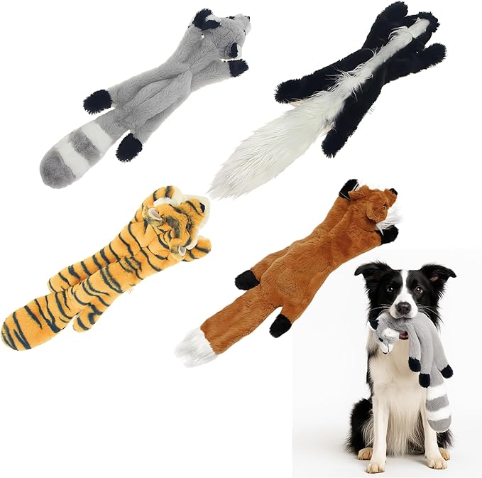 Squeaky Plush No-Stuffing Dog Toys, 4-Pack Animal Set, Fox Tiger Skunk Raccoon, Small & Medium Dogs