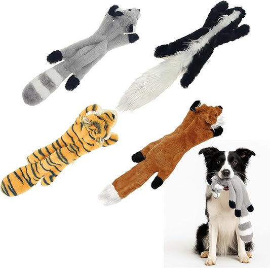 Squeaky Plush No-Stuffing Dog Toys, 4-Pack Animal Set, Fox Tiger Skunk Raccoon, Small & Medium Dogs