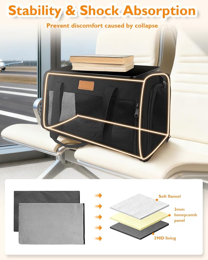 PETUX TSA Approved Pet Carrier in Cabin - 17"x11"x9.5", Underseat, Soft Sided Cat Carriers with Safety Zippers and Anti-Scratch Mesh for Small Cat up to 12 lb, Ideal for Travel and Vet Visit, Black