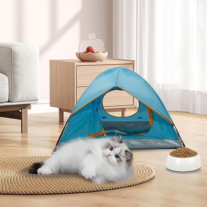 Outdoor Waterproof Pet Camping Tent, Cave Bed for Indoor Cats and Small Dogs, Portable Cat House Dog House, 21.6x21.6x14.9'', Blue, S.