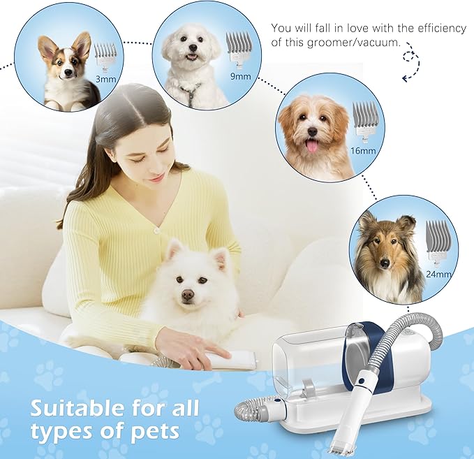 Dog Grooming Vacuum, Pet Grooming Vacuum Kit 2.3L Suction 99% Pet Hair with 5 Tools for Dog Cat for Shedding Grooming, Low Noise (Blue & White)