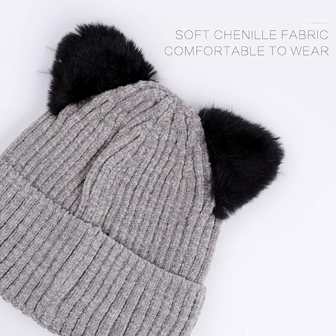 Kids Girls Cat Ear Hat Winter Warm Knit Beanie Cute Ski Skull Cap for Ages 7-12