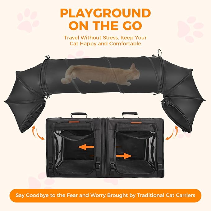 PETUX 2-in-1 Double Cat Carrier for Multiple Cats - 34"x17"x17", Portable, Foldable, Large Cat Travel Carrier with Litter Box, Play Tunnels and Hammock for Car Travel ＆ Vet Visit - Black