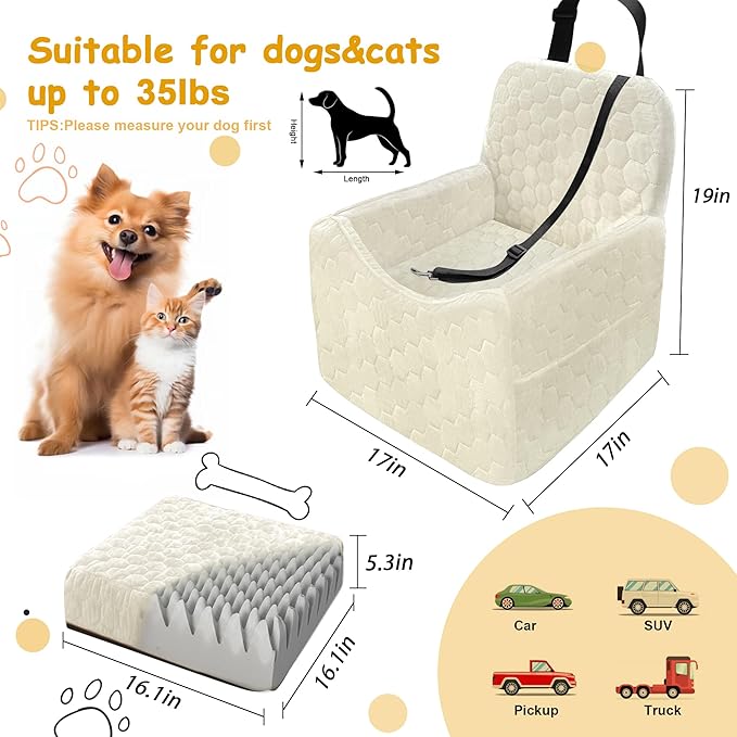 Dog Car Seat for Small/Medium Dogs, Memory Foam Dog Booster Seat, Travel Safety Per Car Seat with Washable Removable Cover, Storage Pockets for Dogs up to 35 lbs (White, Small)