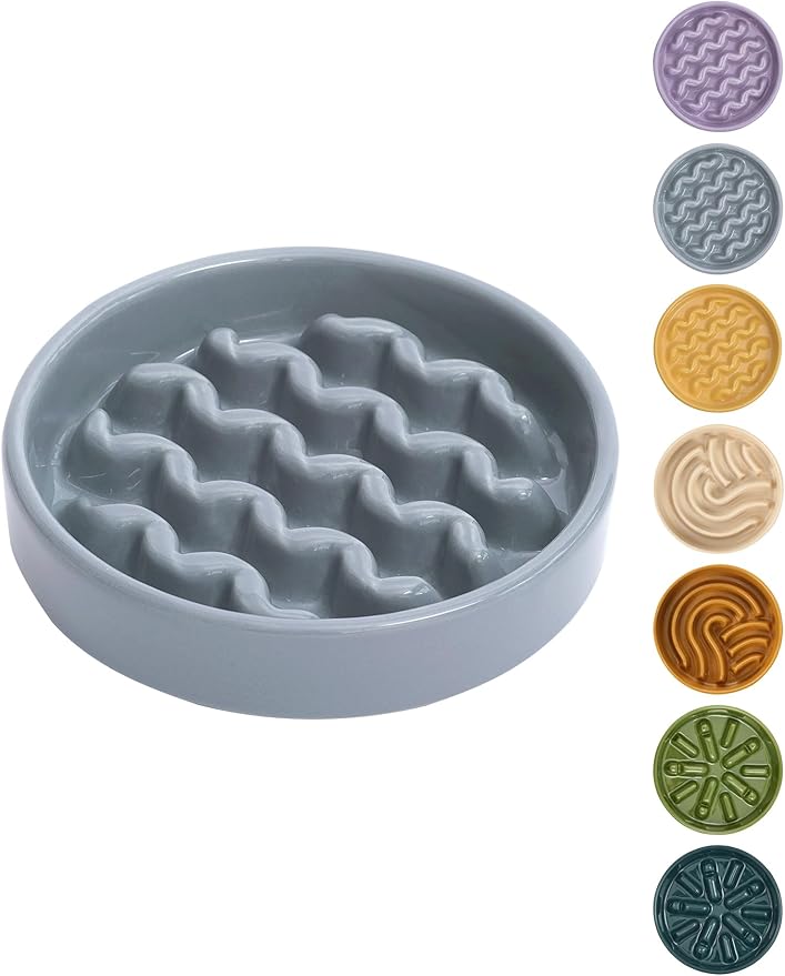 Ceramic Maze Dog Slow Feeder with Non-Slip Silicone Rim – Heavy-Duty Stoneware Bowl with Puzzle Pattern for Bloating & Obesity Prevention (Ice Blue-M)