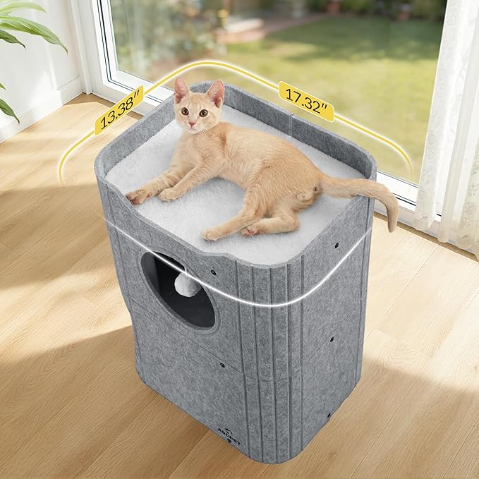 Cat House for Indoor Cats Cat Bed Cave 2-Storey Cats Condo with Cozy Felt Covered Hideaway for Multiple Pets Gray