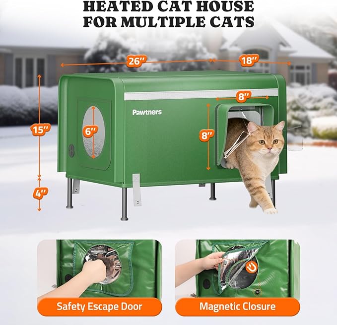 Pawtners Heated Outdoor Cat House for Outside Cats, 26'' XL Insulated Weatherproof Cat Shelter with Heated Pad, Elevated Feet & Escape Door, Warm Kitty House for Feral or Stray Cats in Winter