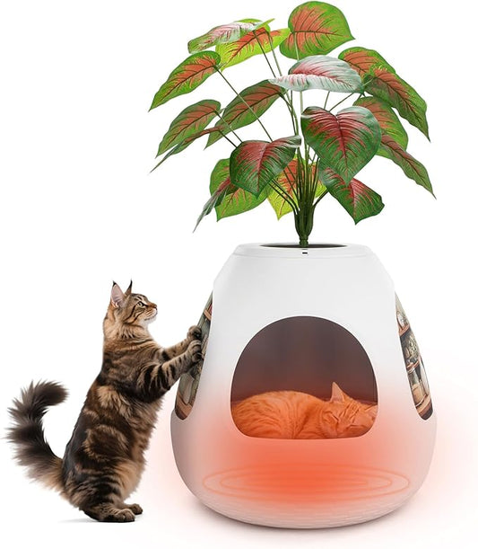 Copod8 Cat Bed Heated Pet Cave 4-in-1 Kitty Warming House Condo with Replaceable Scratching Board, Heating Pad and Air Purifier for Indoor Cats Rabbits Guinea Pigs Small Dogs (White)