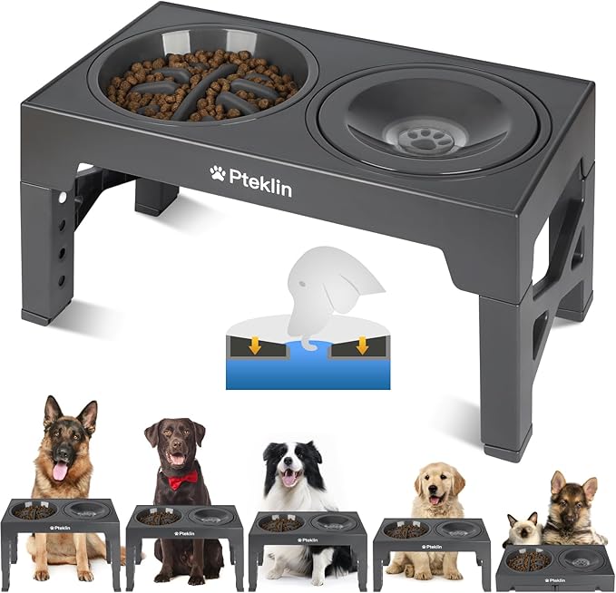 Elevated Dog Bowls, 5 Height Adjustable Raised Bowl with Anti Spill Non-Skid No Shaking Water Bowl and Slow Feeder Dog Bowls Stand for Small Medium Large Dogs