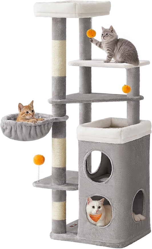 Feandrea Tall Cat Tree Tower, Multiple-Level Cat Condo with 2 Caves, 3 Scratching Posts, 3 Perches, Dove Gray UPCT007G01