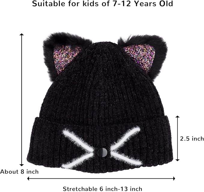 Kids Girls Cat Ear Hat Winter Warm Knit Beanie Cute Ski Skull Cap for Ages 7-12