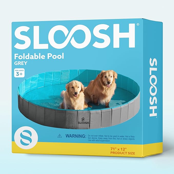 SLOOSH Foldable Dog Kiddie Pool - Portable Hard Plastic Doggie Swimming Pool, Anti-Slip Collapsible Pets Bath Tub Suitable for Kids Toddler Indoor Outdoor Backyard Use (Gray, 71" x 12")