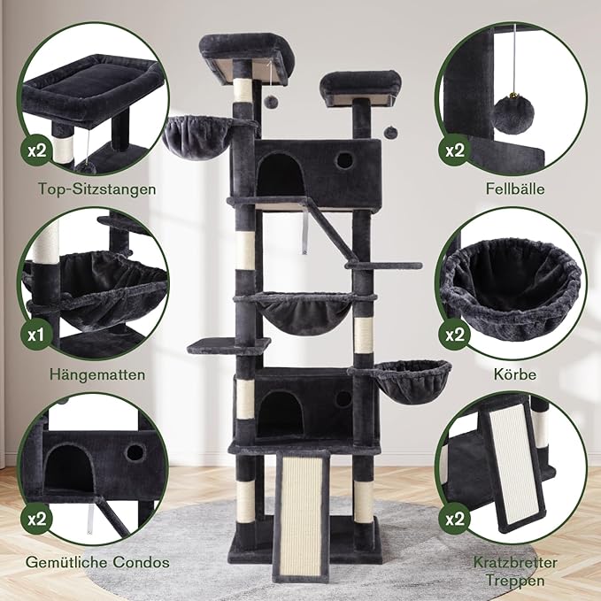 MUTICOR 81 inches Multi-Level Tall Cat Tree Tower for Indoor Kitties/Large Climbing Tree House for Big Feline/Condo/Sisal Scratching Posts/Plush Perches Platforms/Basket Hammock/Dark Grey